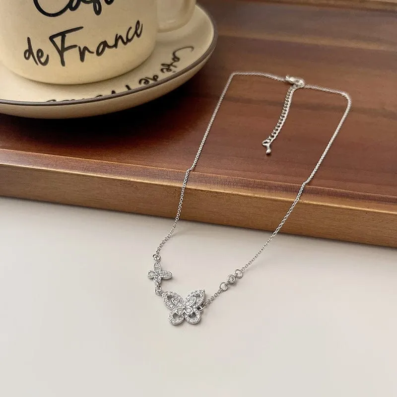 Dainty CZ Inlaid S925 Sterling Silver Duo Butterfly Necklace
