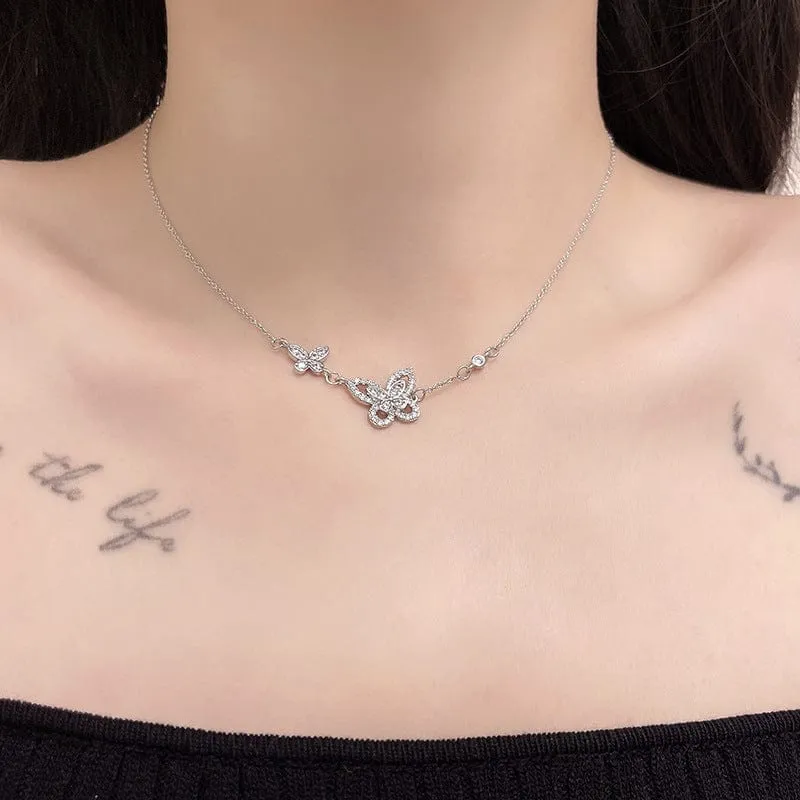 Dainty CZ Inlaid S925 Sterling Silver Duo Butterfly Necklace