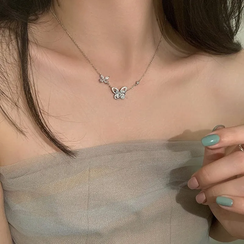 Dainty CZ Inlaid S925 Sterling Silver Duo Butterfly Necklace