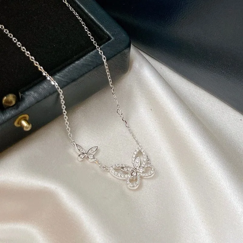 Dainty CZ Inlaid S925 Sterling Silver Duo Butterfly Necklace