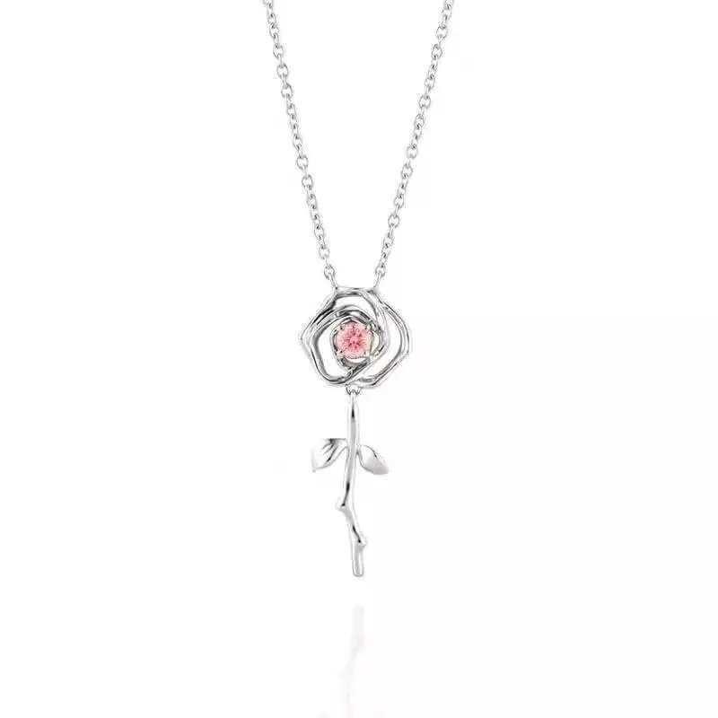 Dainty Pink Crystal English Rose Necklace