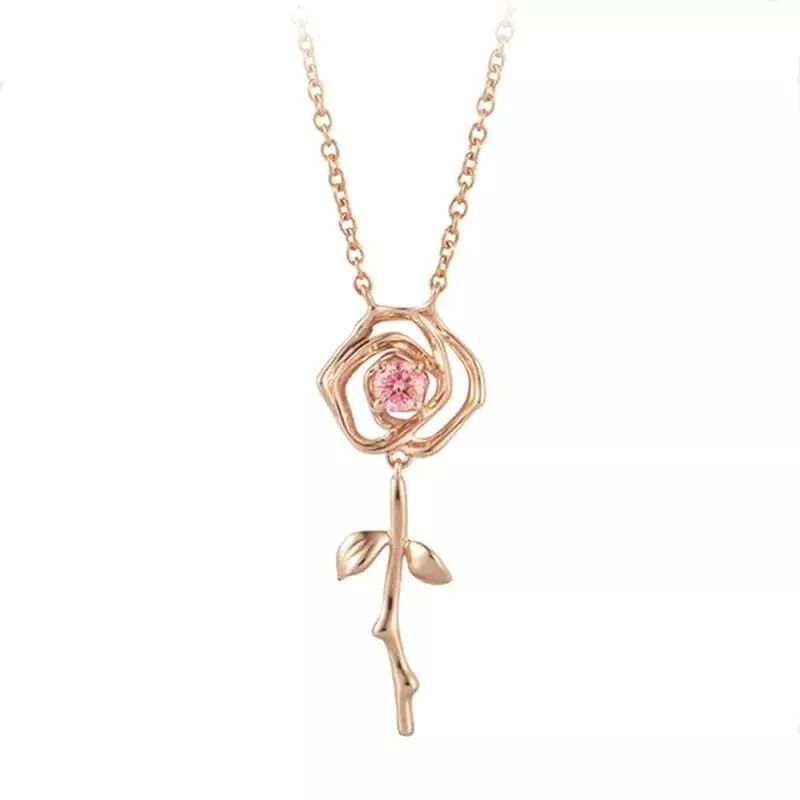 Dainty Pink Crystal English Rose Necklace