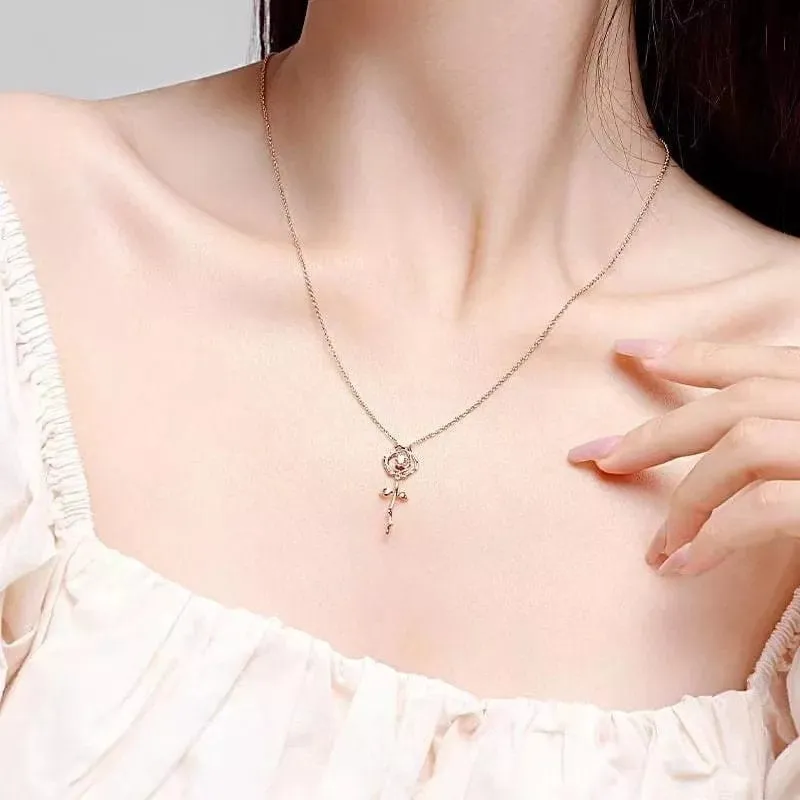 Dainty Pink Crystal English Rose Necklace