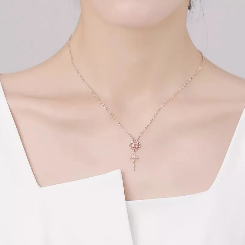 Dainty Pink Crystal English Rose Necklace