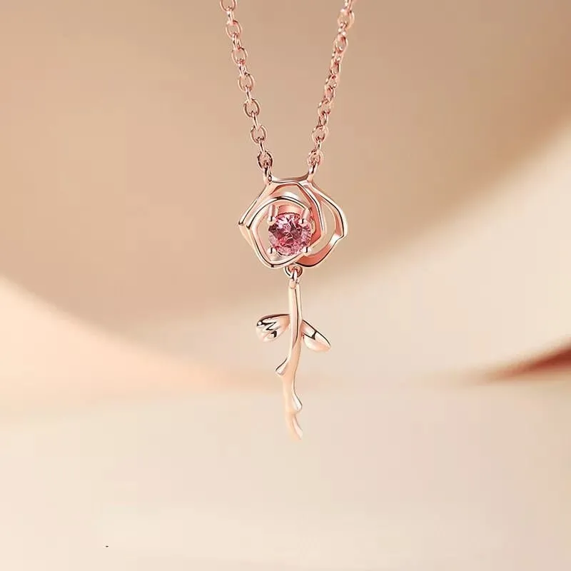 Dainty Pink Crystal English Rose Necklace