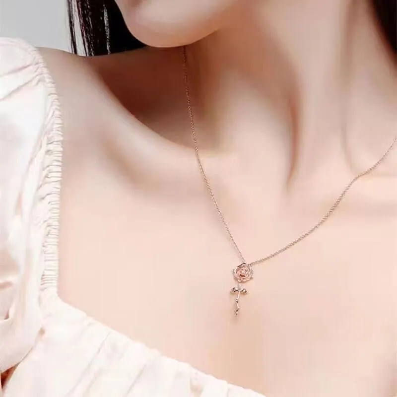 Dainty Pink Crystal English Rose Necklace