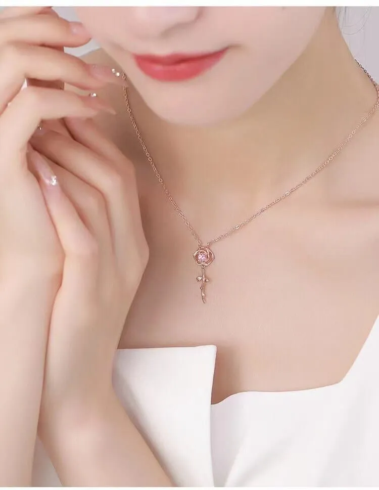 Dainty Pink Crystal English Rose Necklace
