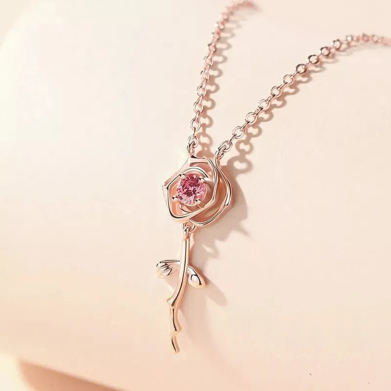 Dainty Pink Crystal English Rose Necklace