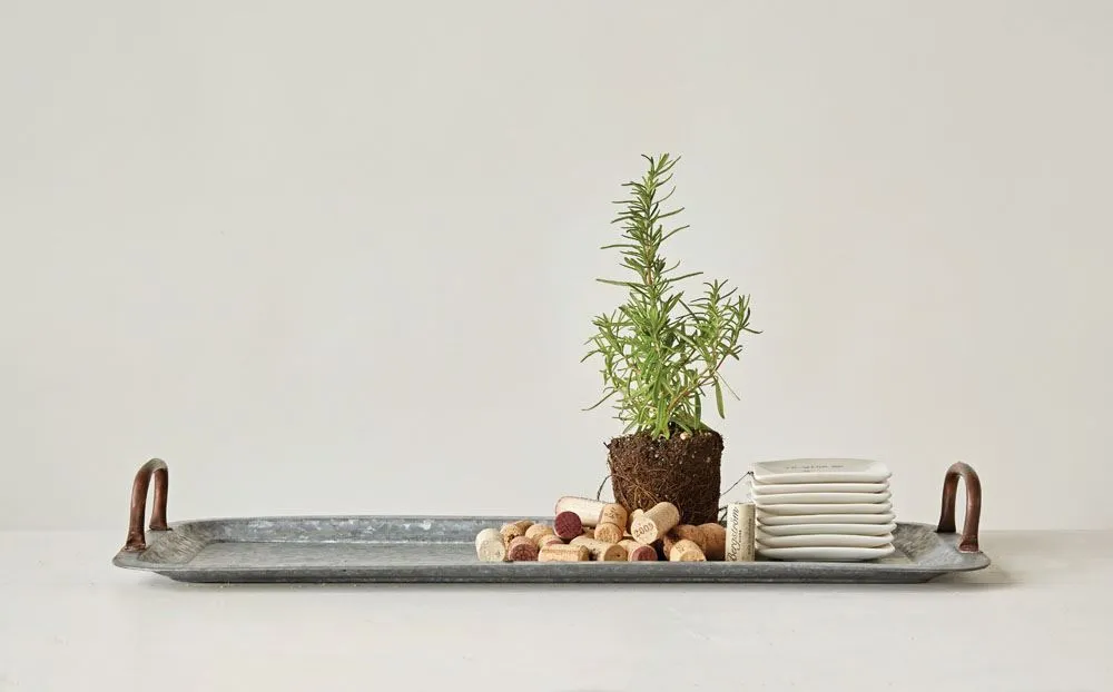 Decorative Galvanized Tray with Copper Handles