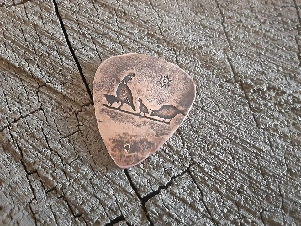 Desert quail on copper guitar pick