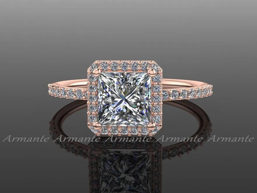 Diamond And Square Moissanite Rose Gold Halo Ring