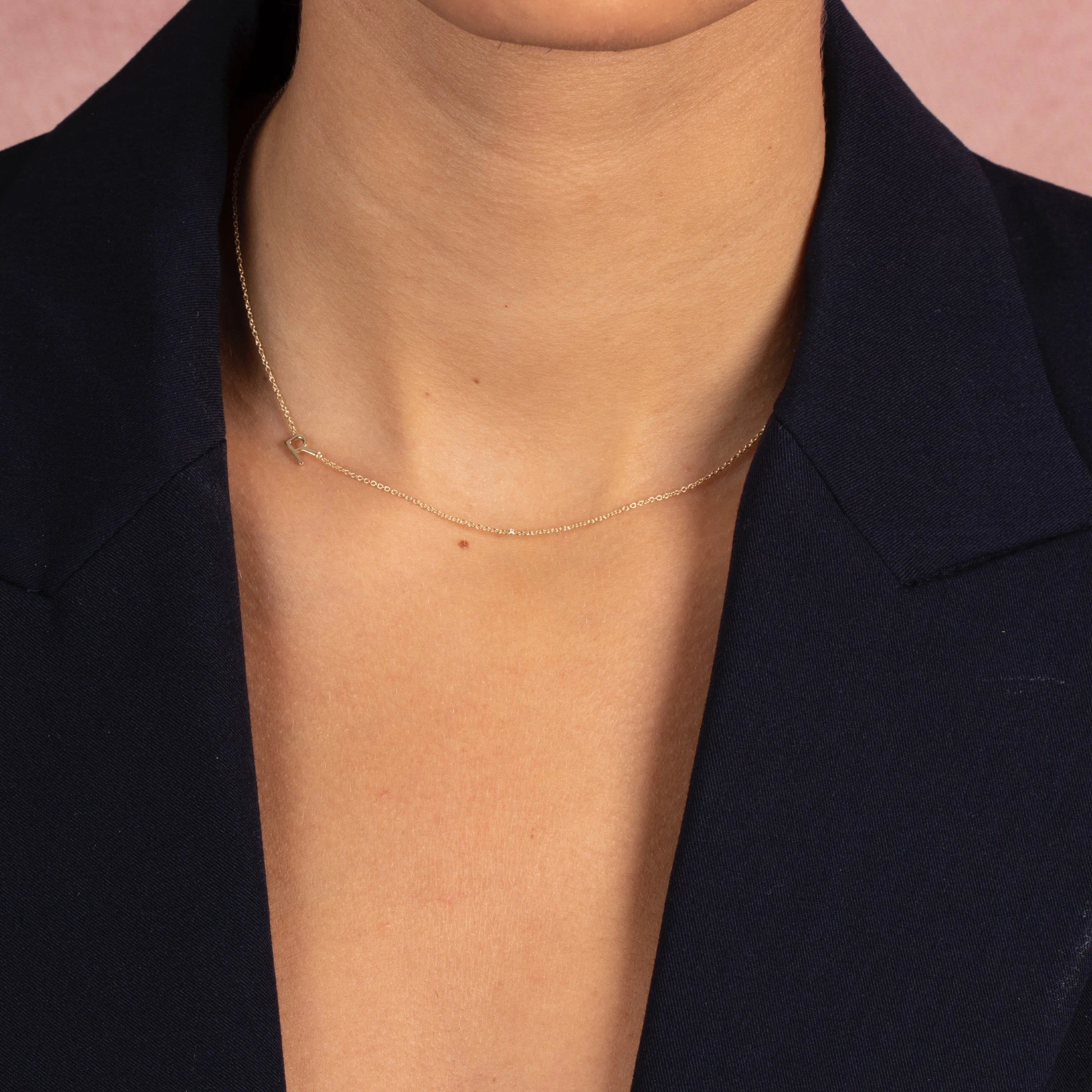 Diamond Bezel Sideway Initial Necklace 14K