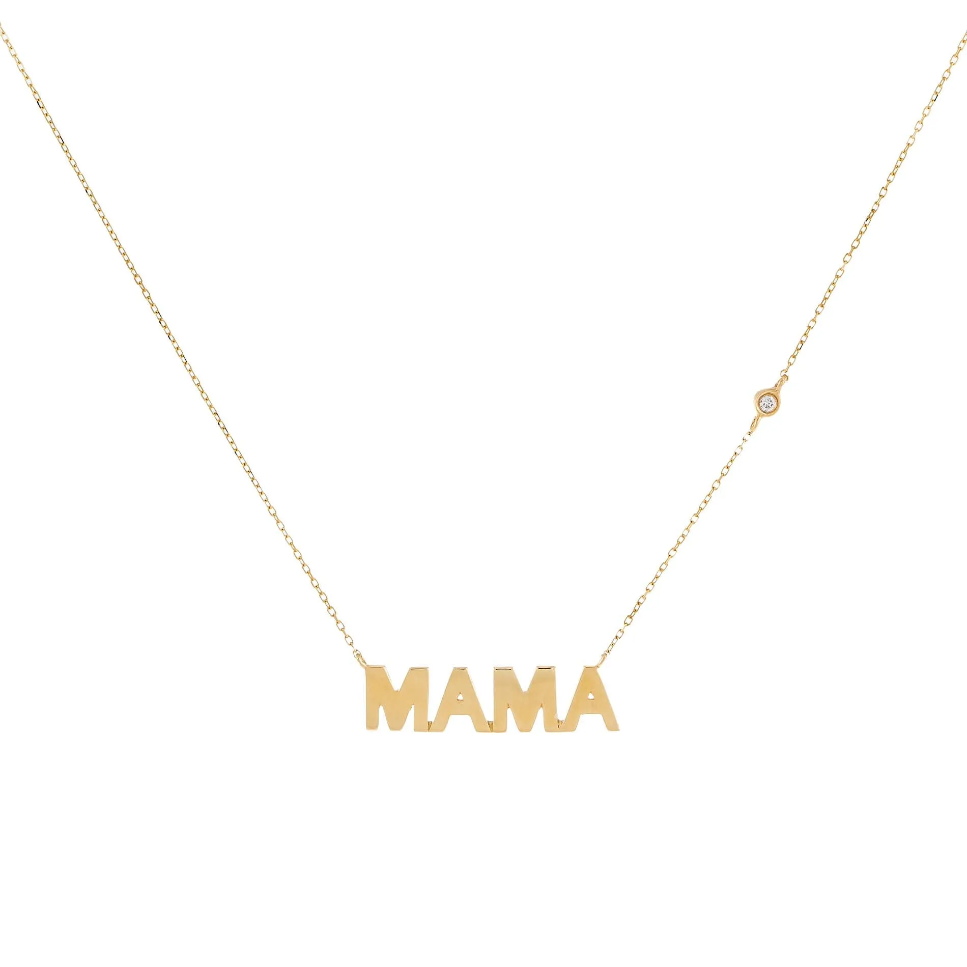 Diamond Bezel Solid Mama Nameplate Necklace 14K