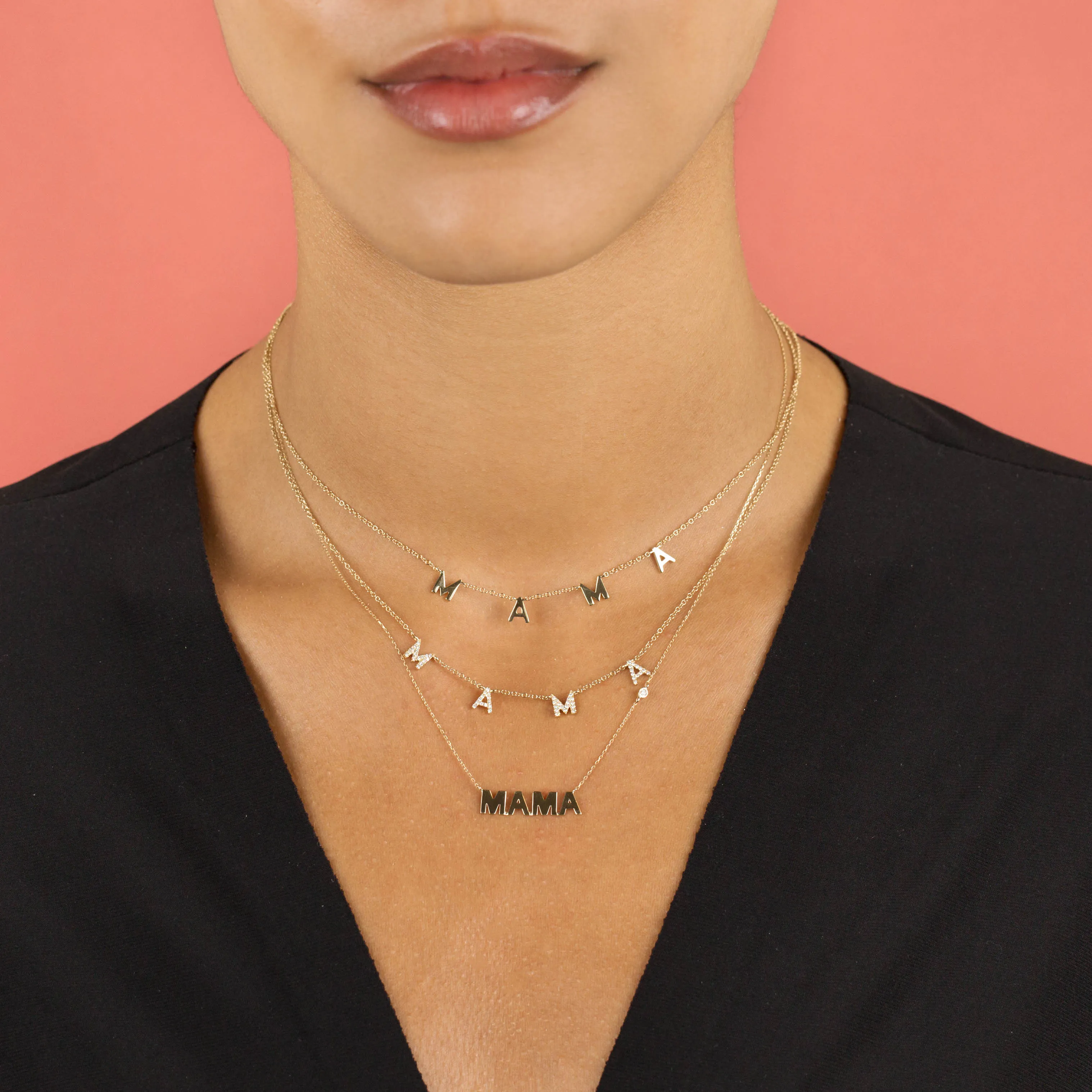 Diamond Bezel Solid Mama Nameplate Necklace 14K