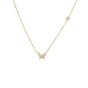 Diamond Pavé Butterfly & Bezel Necklace 14K