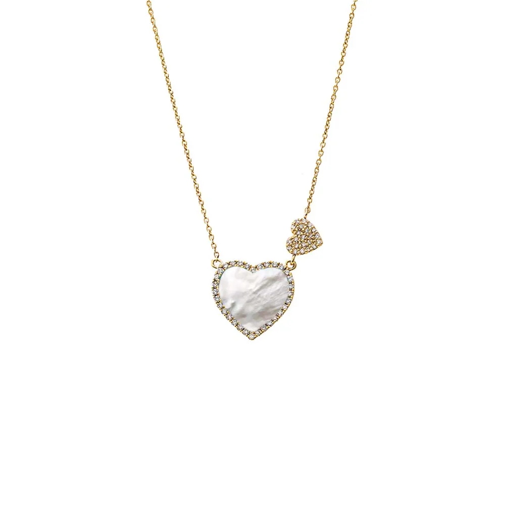 Diamond Pave Colored Stone Double Heart Necklace 14K