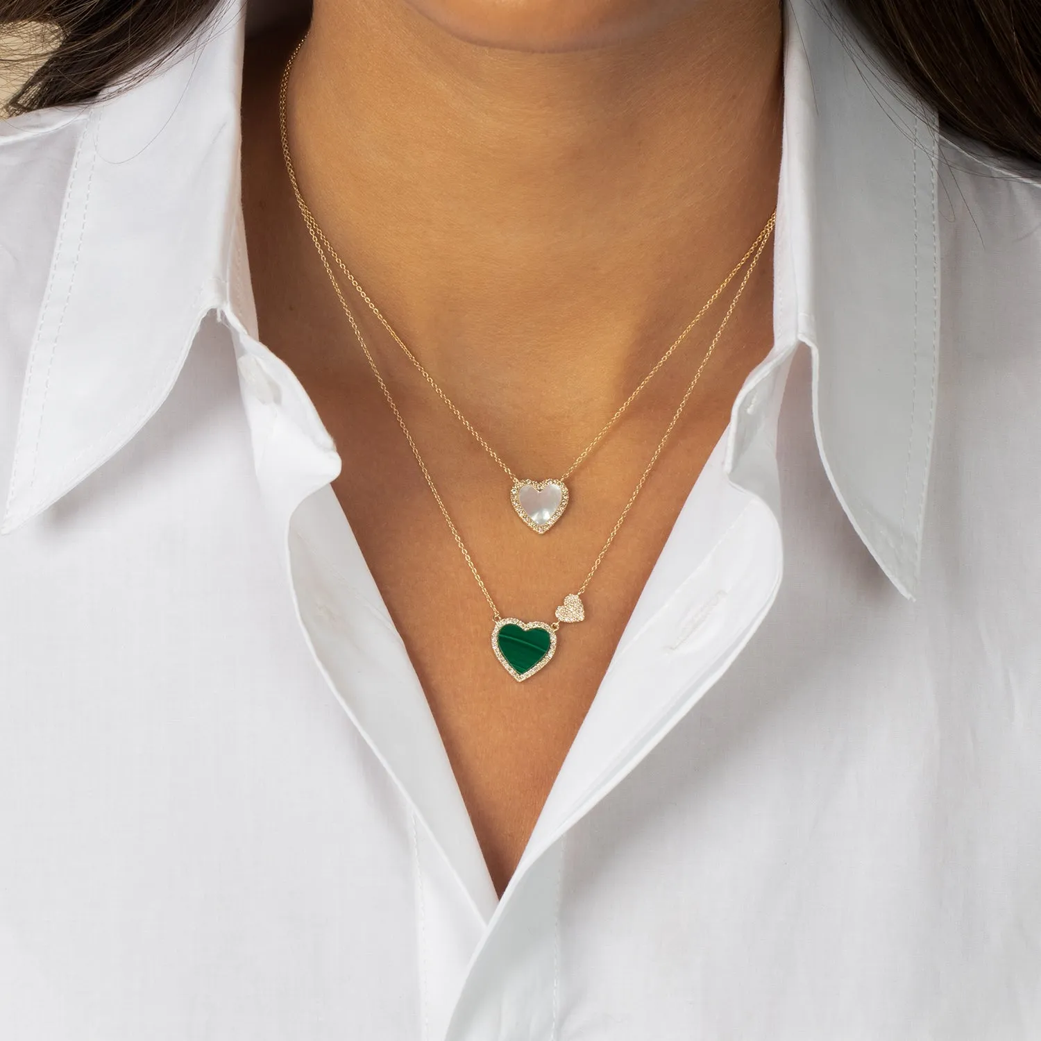 Diamond Pave Colored Stone Double Heart Necklace 14K