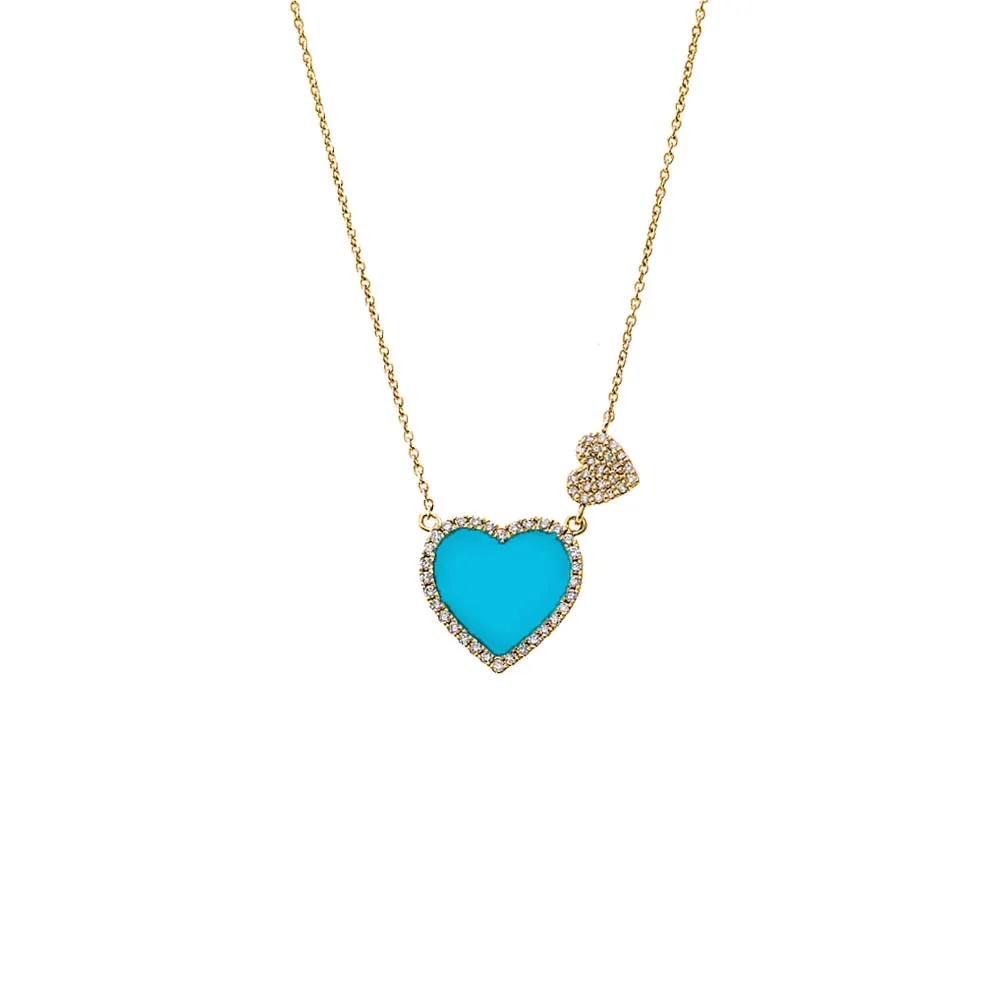 Diamond Pave Colored Stone Double Heart Necklace 14K