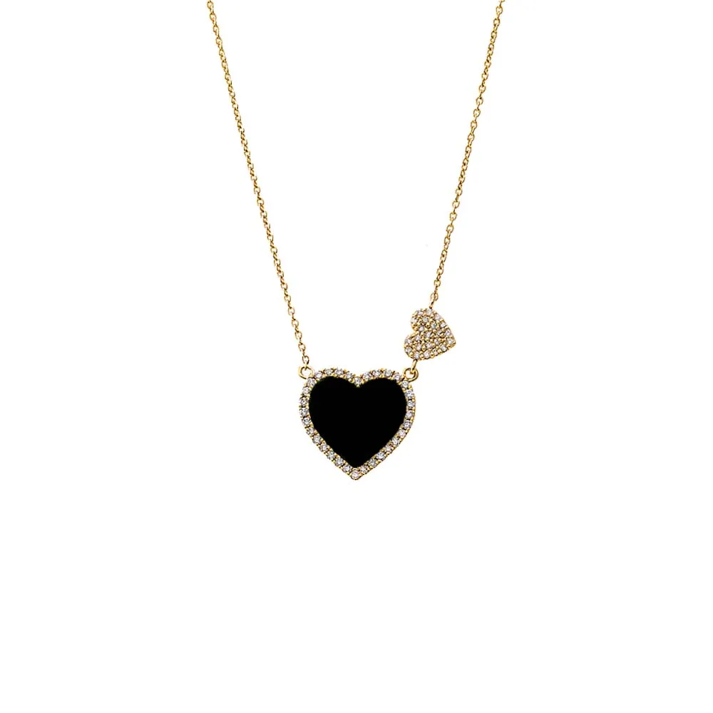 Diamond Pave Colored Stone Double Heart Necklace 14K
