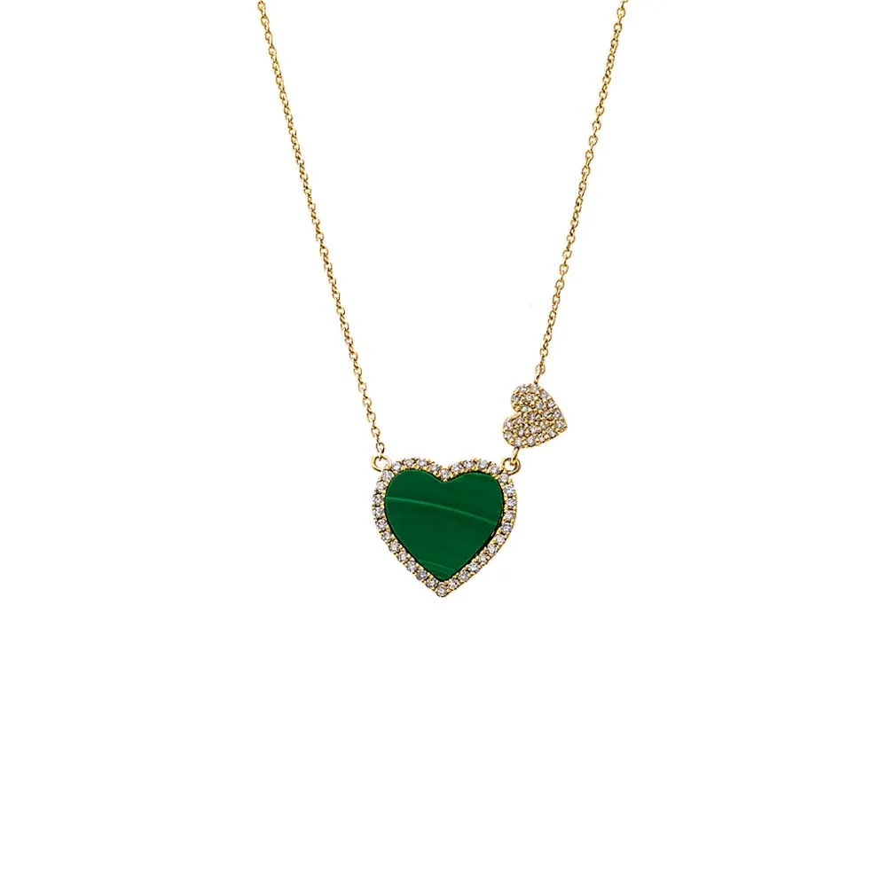 Diamond Pave Colored Stone Double Heart Necklace 14K