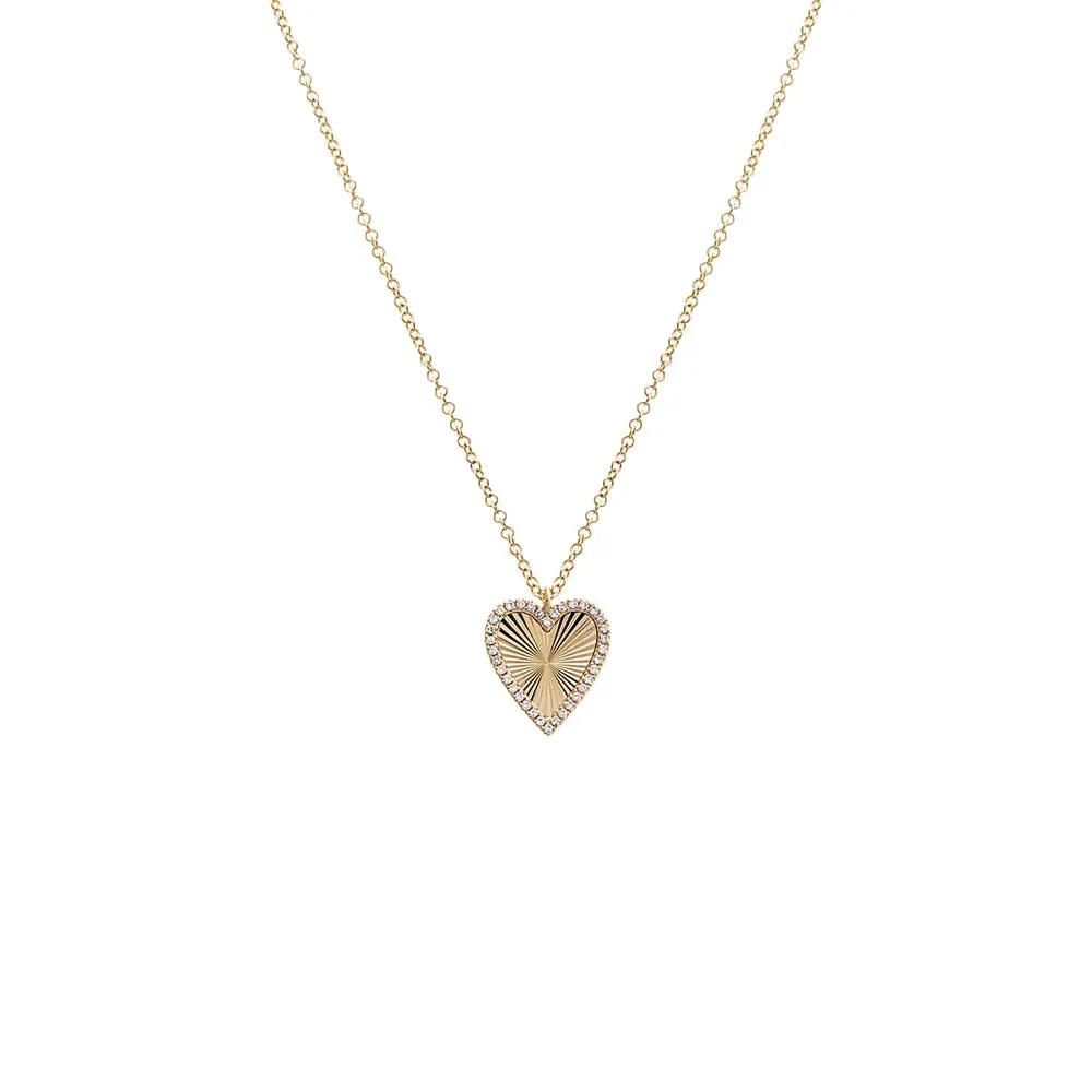Diamond Pave Ridged Heart Pendant Necklace 14K