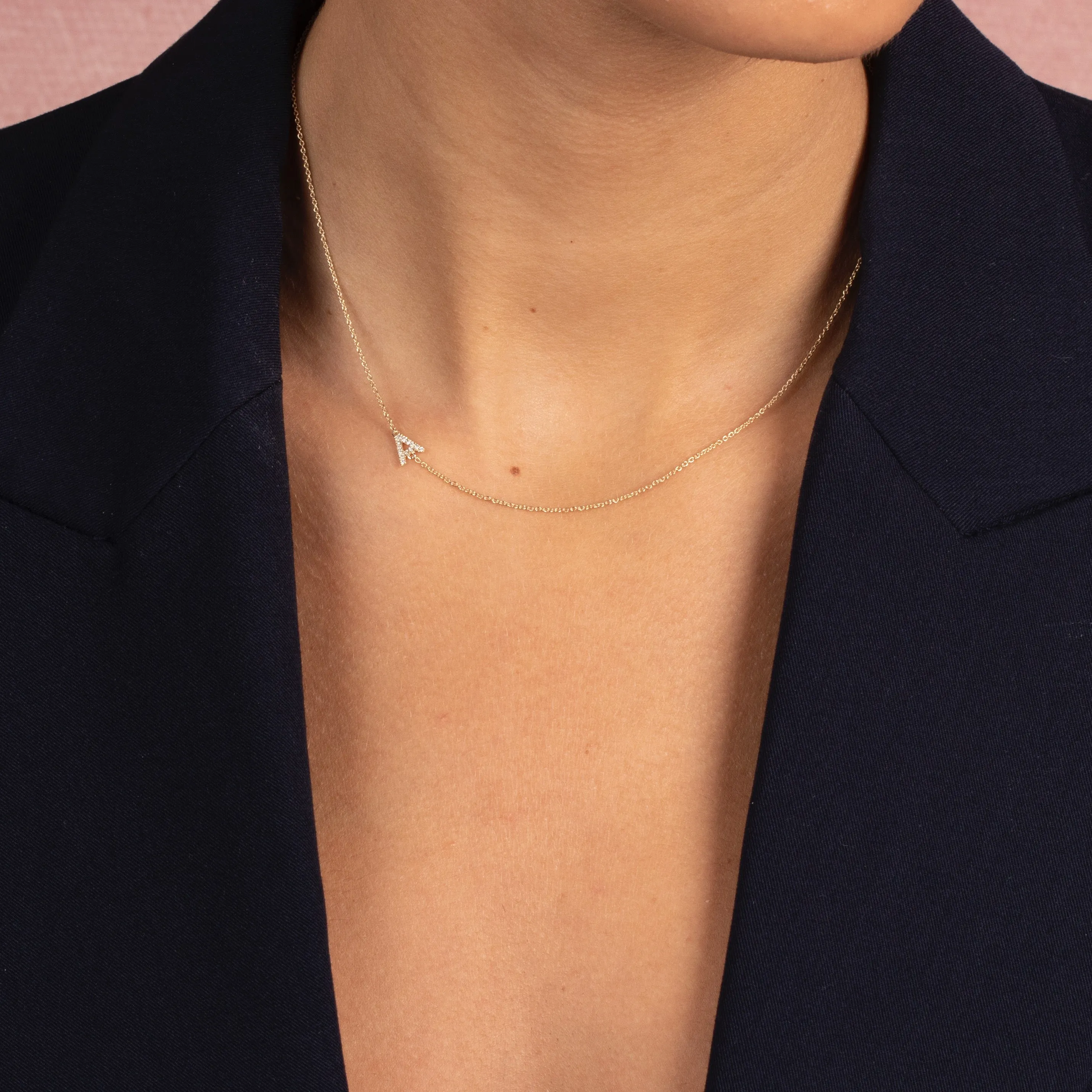 Diamond Pave Sideway Initial Necklace 14K