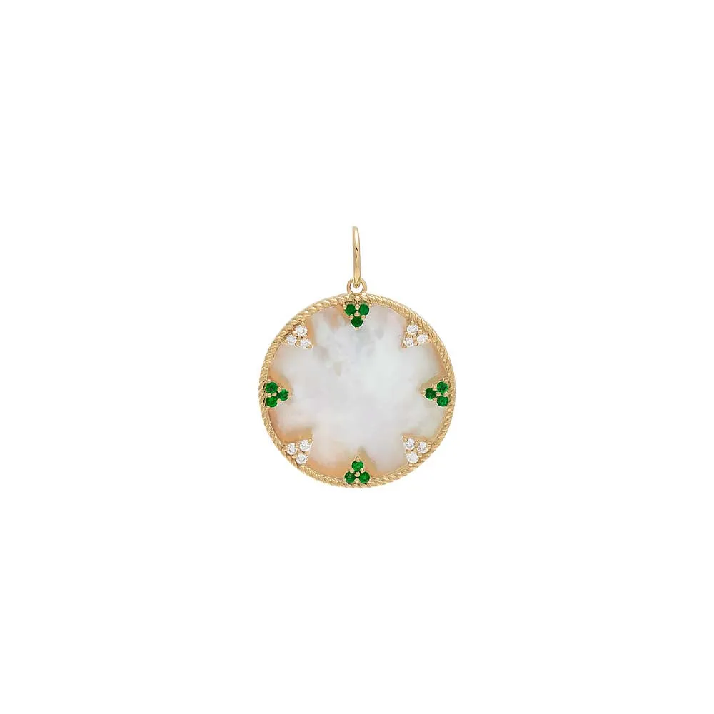 Diamond X Emerald Multi Cluster Coin Charm 14K