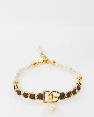 Dolce & Gabbana Gold Leather and Pearl Logo Pearl Dangle Choker Necklace