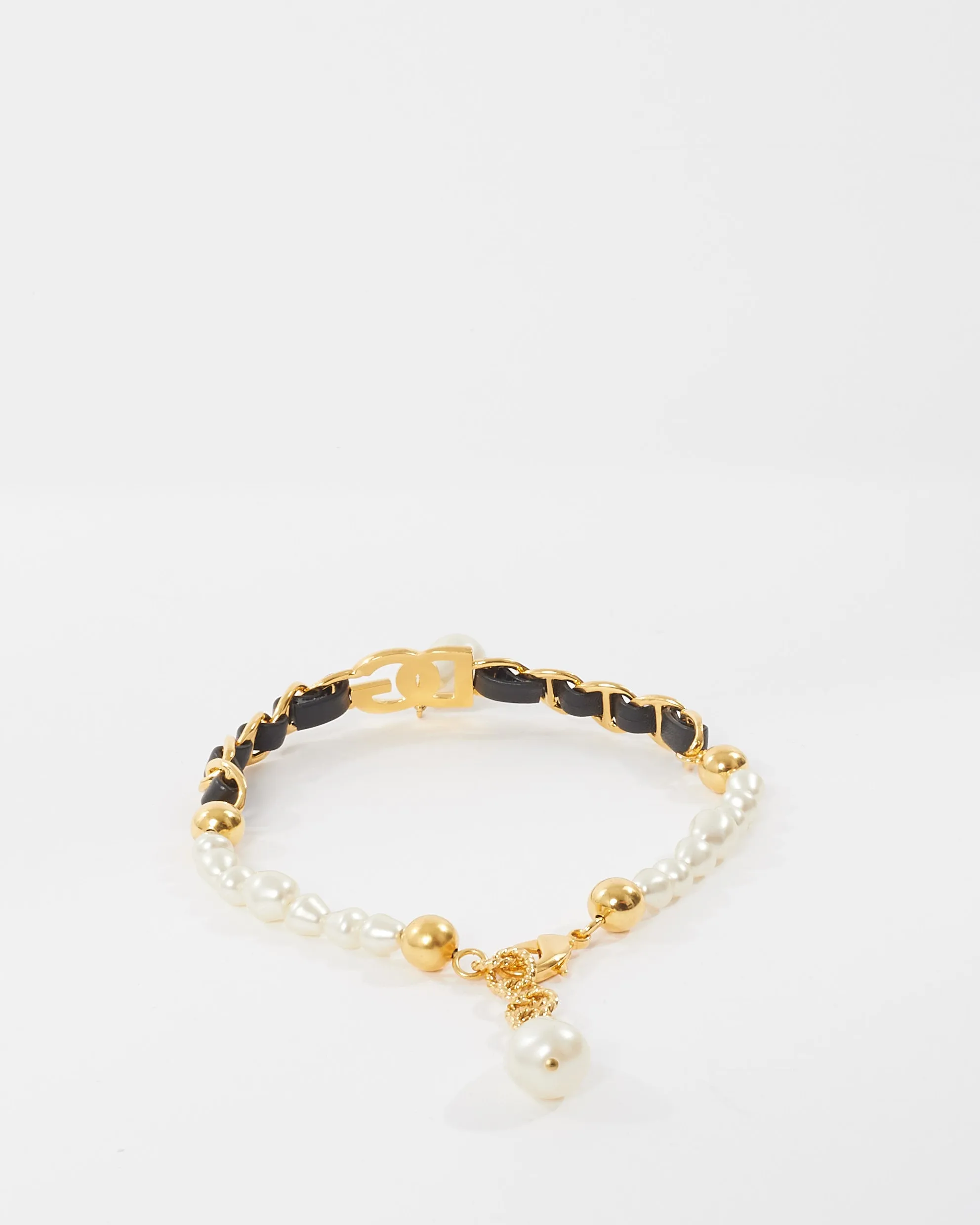 Dolce & Gabbana Gold Leather and Pearl Logo Pearl Dangle Choker Necklace