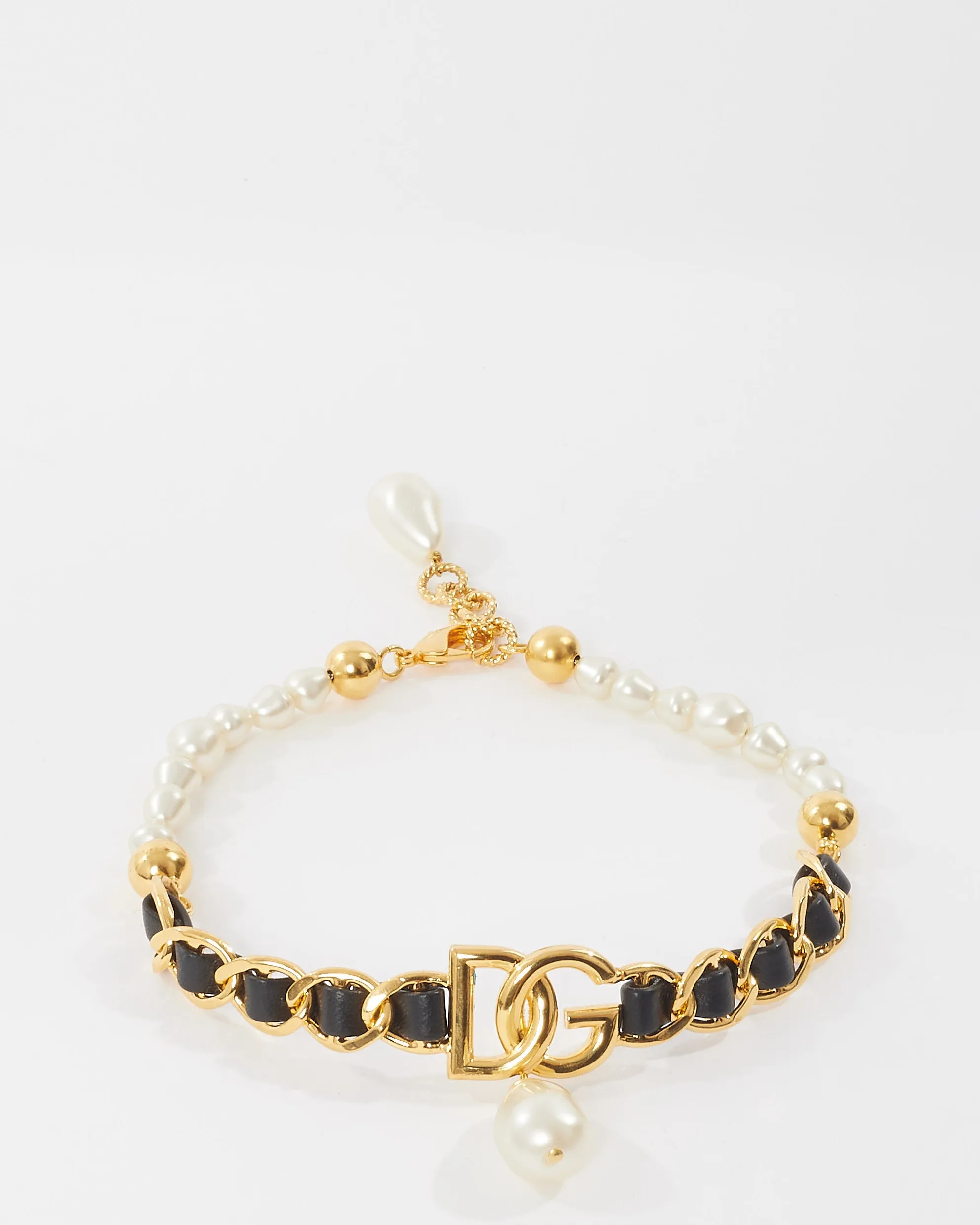 Dolce & Gabbana Gold Leather and Pearl Logo Pearl Dangle Choker Necklace