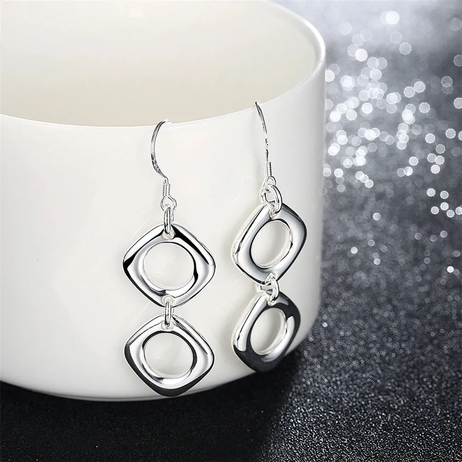 'DOTEFFIL' Sterling Silver Round Square Necklace & Earring Set For Charm Jewelry