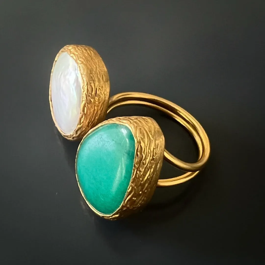 Double Gemstone Pearl & Jade Gaia Ring