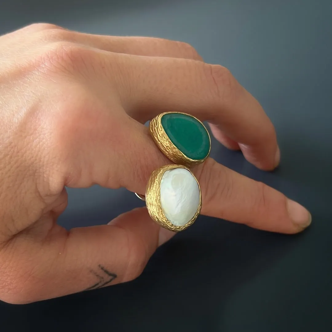 Double Gemstone Pearl & Jade Gaia Ring