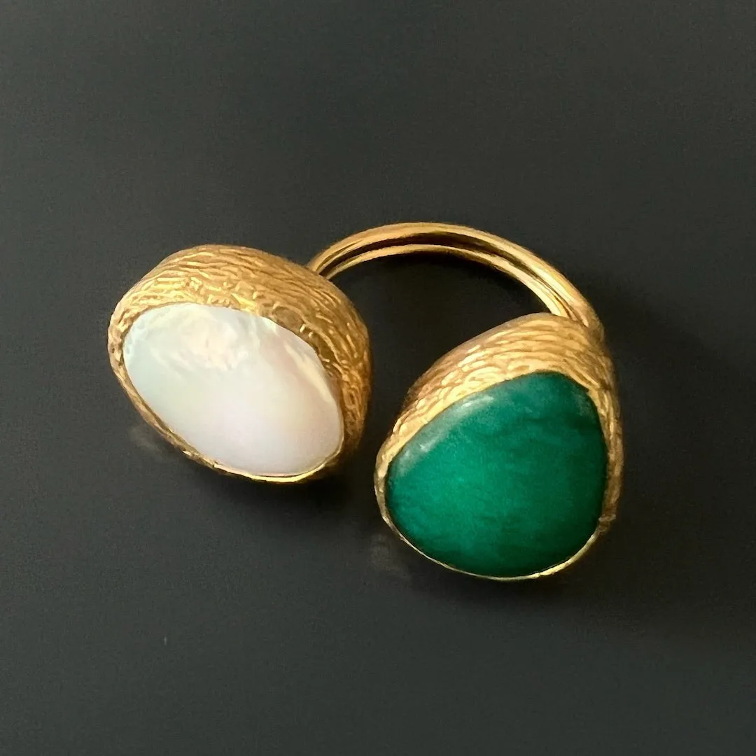 Double Gemstone Pearl & Jade Gaia Ring