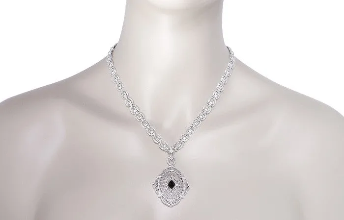 Edwardian Filigree Drop Pendant Necklace with Black Onyx and Diamond in Sterling Silver