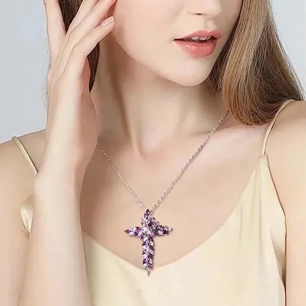 Elegant Amethyst and Tanzanite Marquise-Cut Cross Pendant Necklace