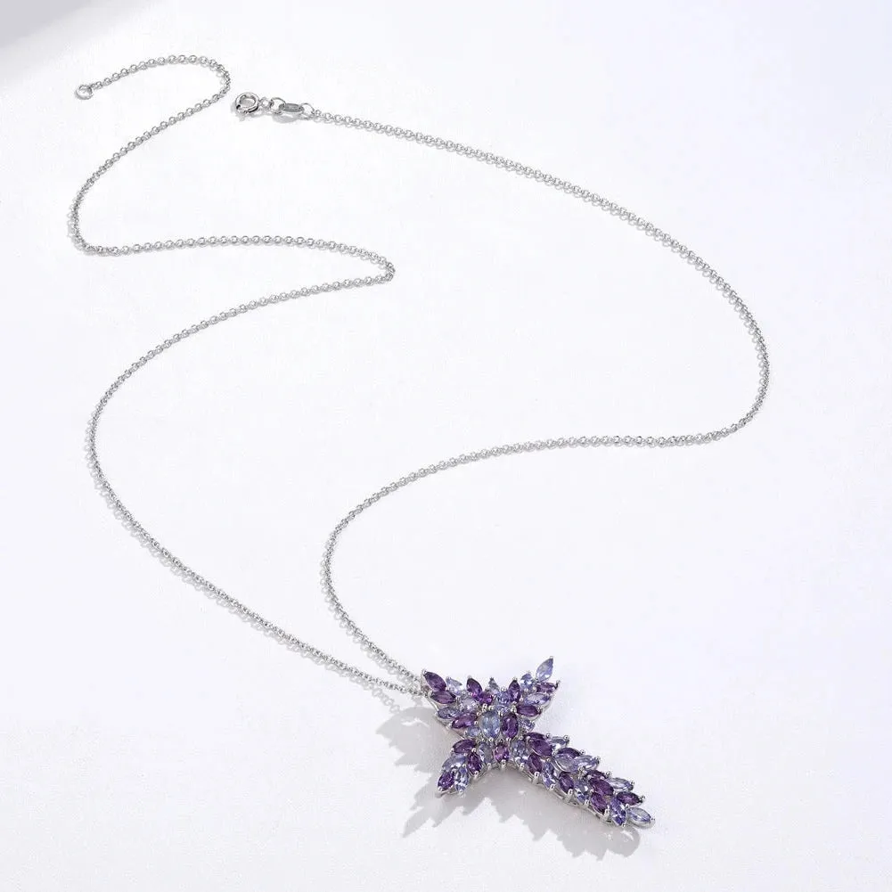 Elegant Amethyst and Tanzanite Marquise-Cut Cross Pendant Necklace