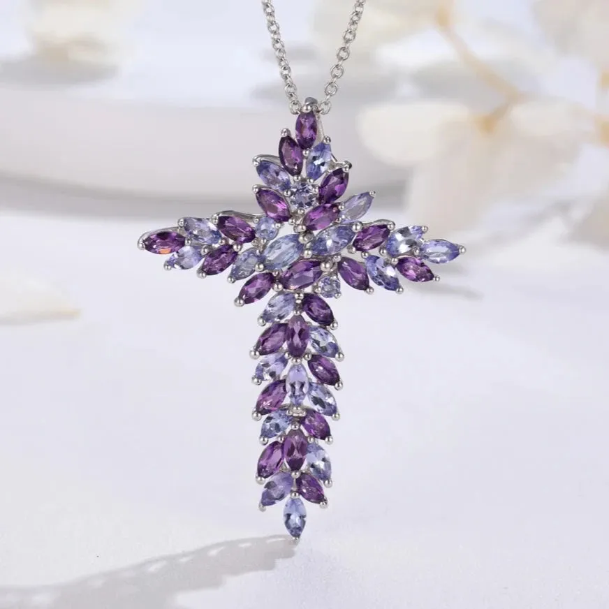 Elegant Amethyst and Tanzanite Marquise-Cut Cross Pendant Necklace