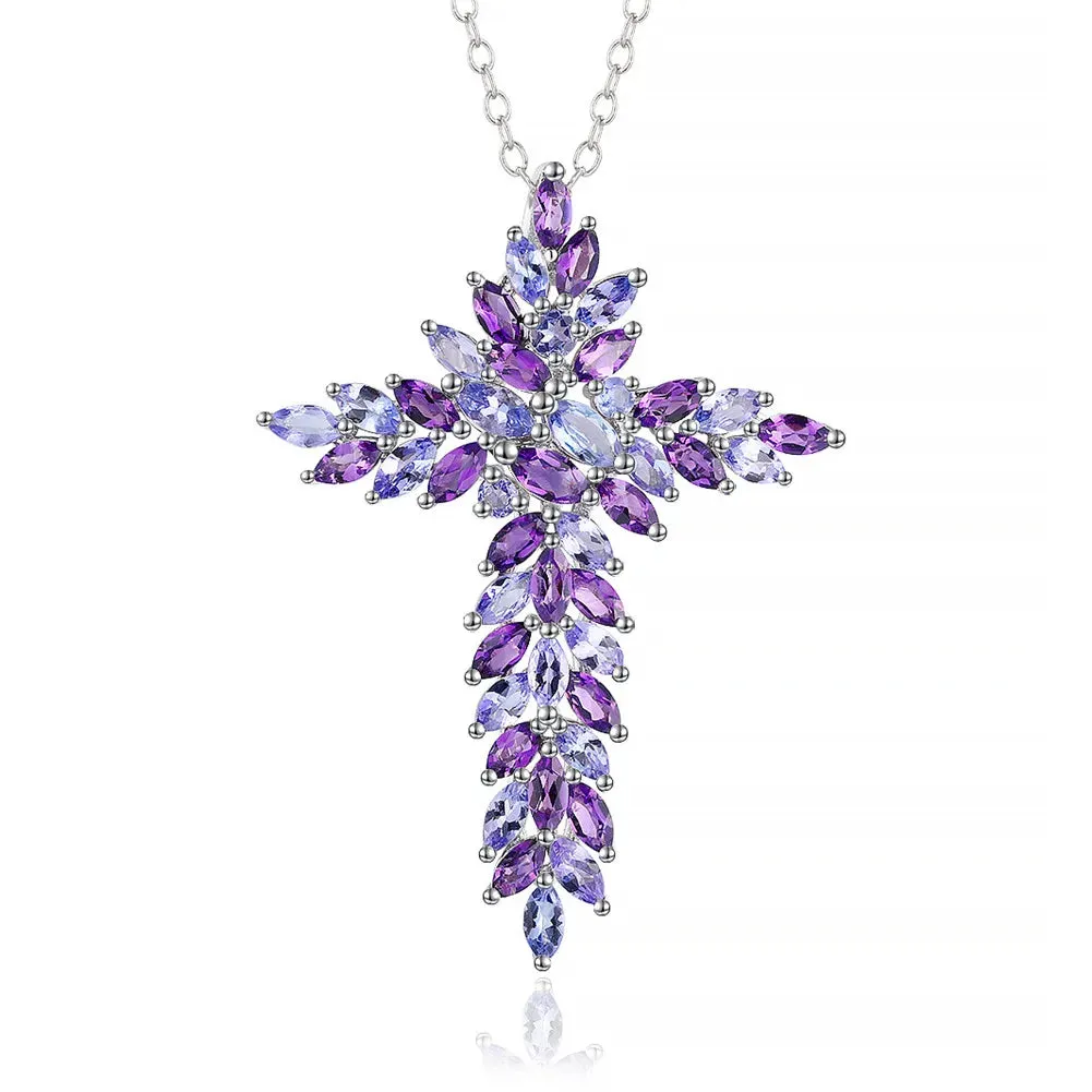 Elegant Amethyst and Tanzanite Marquise-Cut Cross Pendant Necklace