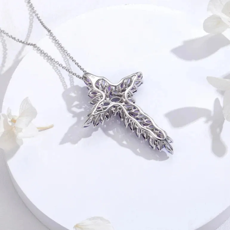 Elegant Amethyst and Tanzanite Marquise-Cut Cross Pendant Necklace