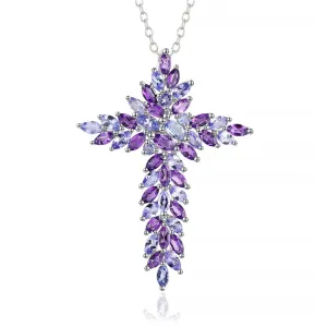 Elegant Amethyst and Tanzanite Marquise-Cut Cross Pendant Necklace
