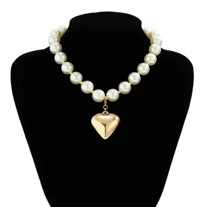 Elegant Heart Pendant Pearl Chain Choker Necklace
