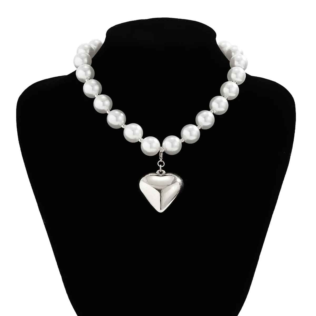 Elegant Heart Pendant Pearl Chain Choker Necklace