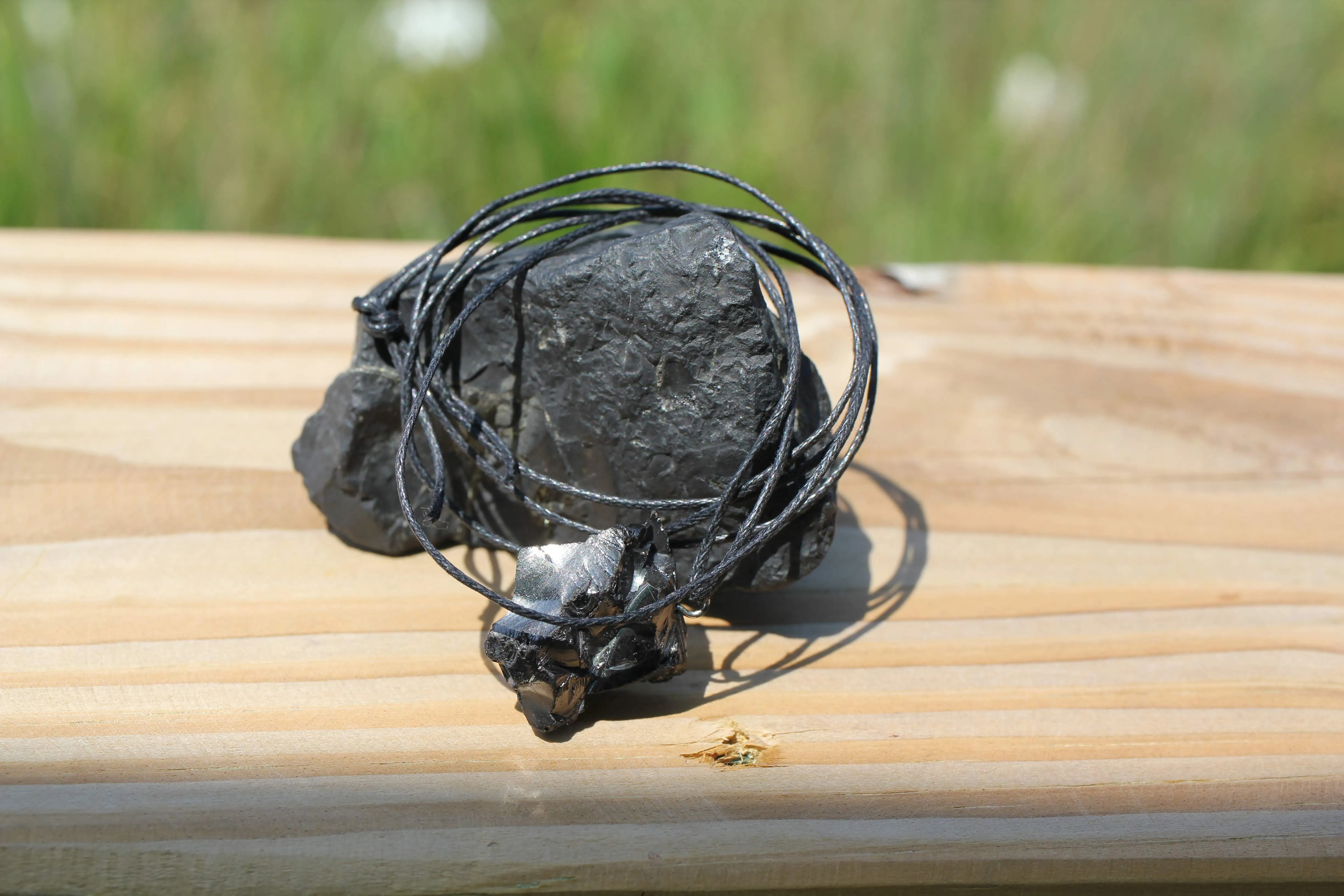 Elite Noble Raw Shungite Pendant and Cotton Cord Necklace