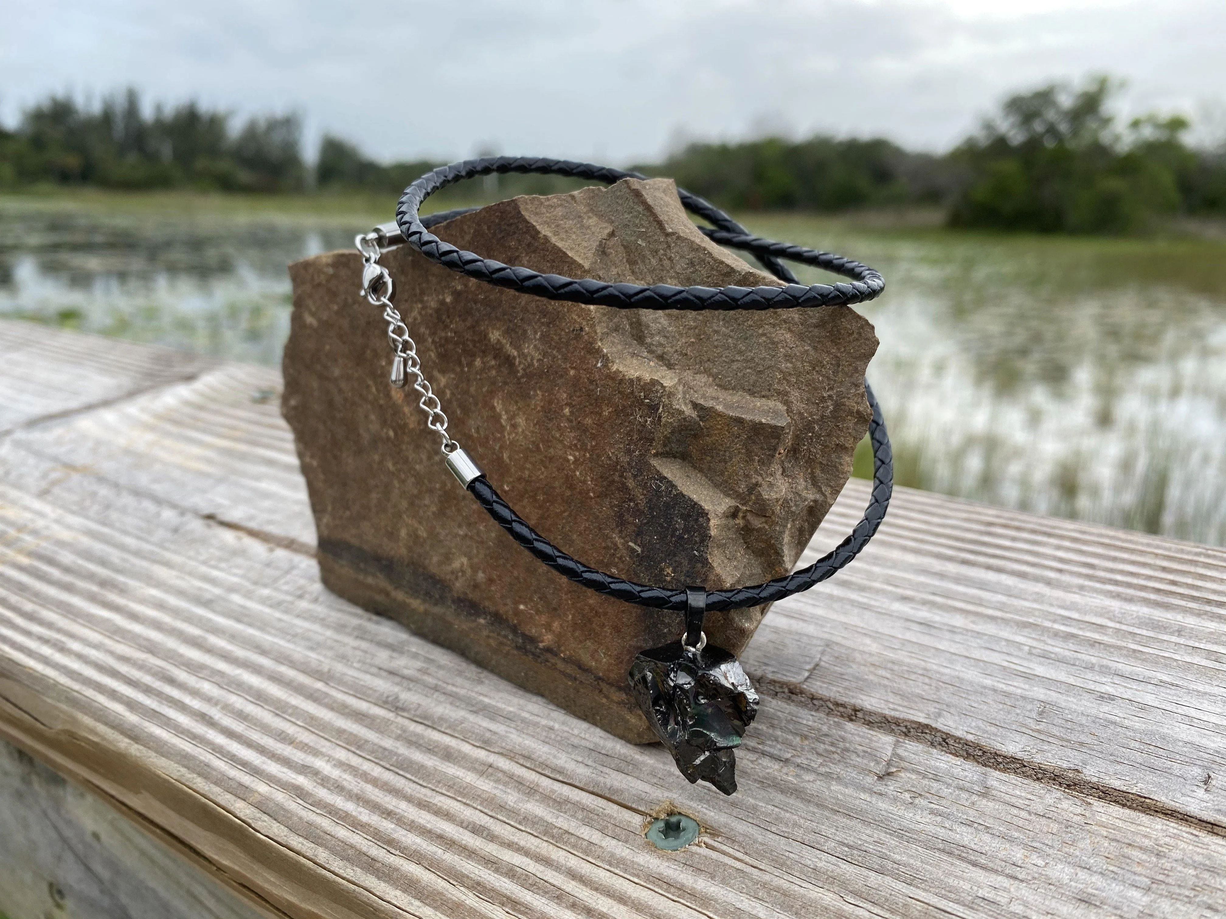 Elite Noble Raw Shungite Pendant and Leather Necklace  (3-5 grams)