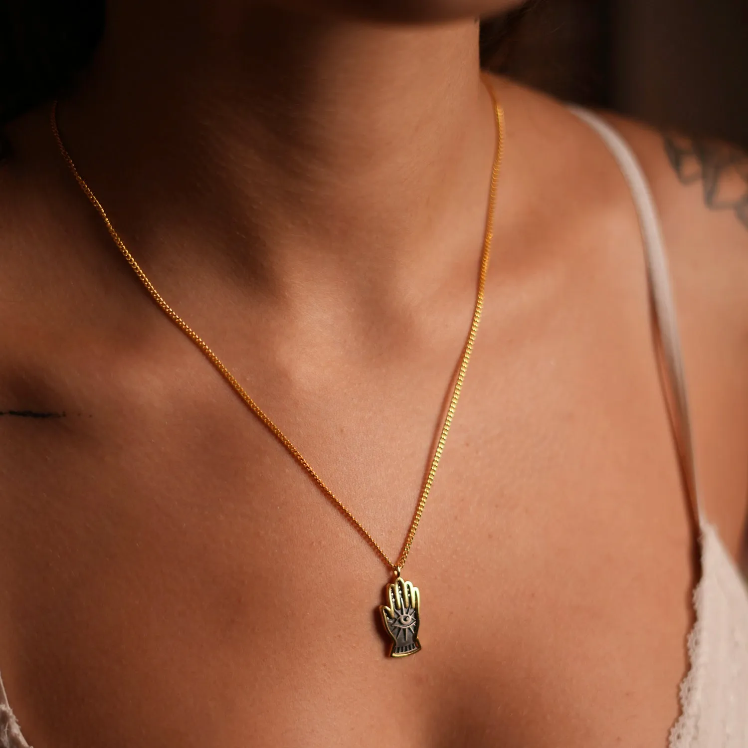 Energy Flow Hamsa Hand Evil Eye Pendant Gold Chain Necklace
