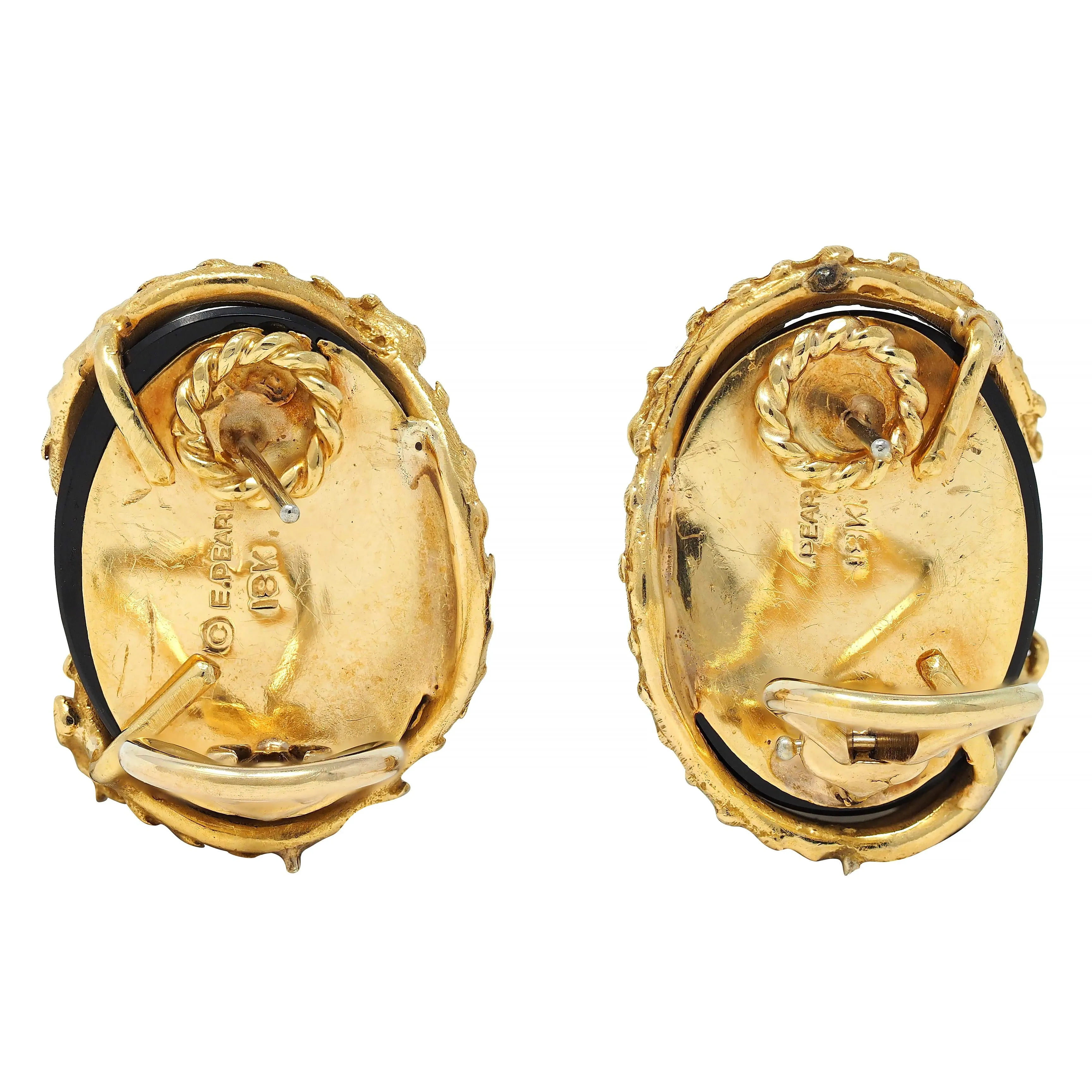 Erwin Pearl 1970's Diamond Onyx 18 Karat Gold Dragon Vintage Earrings