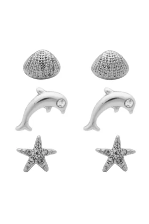 EURO Rhodium Shell   Dolphin   Starfish Trio Studs