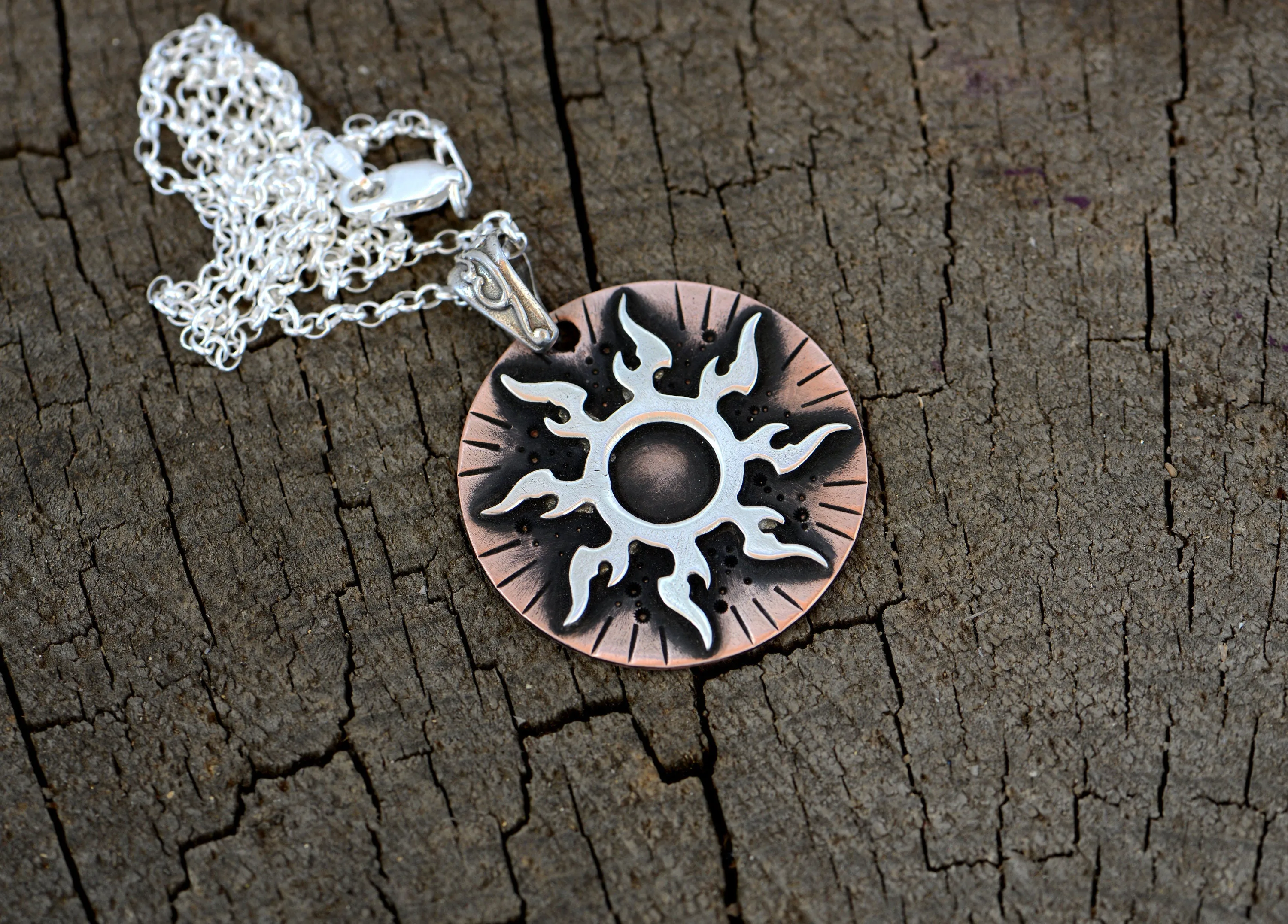 Flaming Sterling Silver Sun on Copper Medallion Necklace