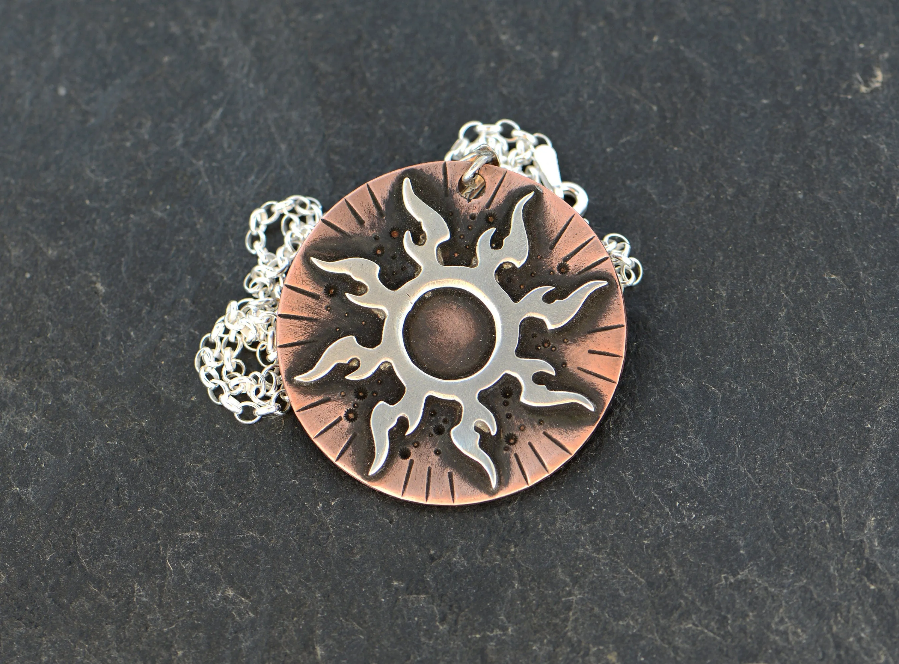 Flaming Sterling Silver Sun on Copper Medallion Necklace